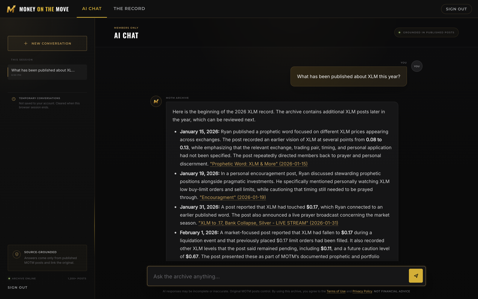 The MOTM AI Chat answering from published posts